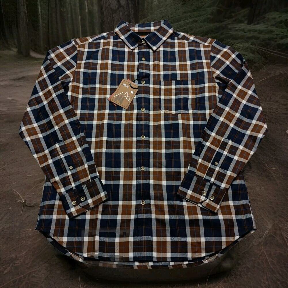 Beta Venturing Plaid Series Shirt‎ Men's M Navy Blue Brown Easy Care Comfort
